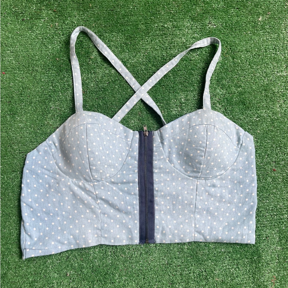 Poetry Blue & White Polka Dot Padded Sleeveless Crop Top Sz L